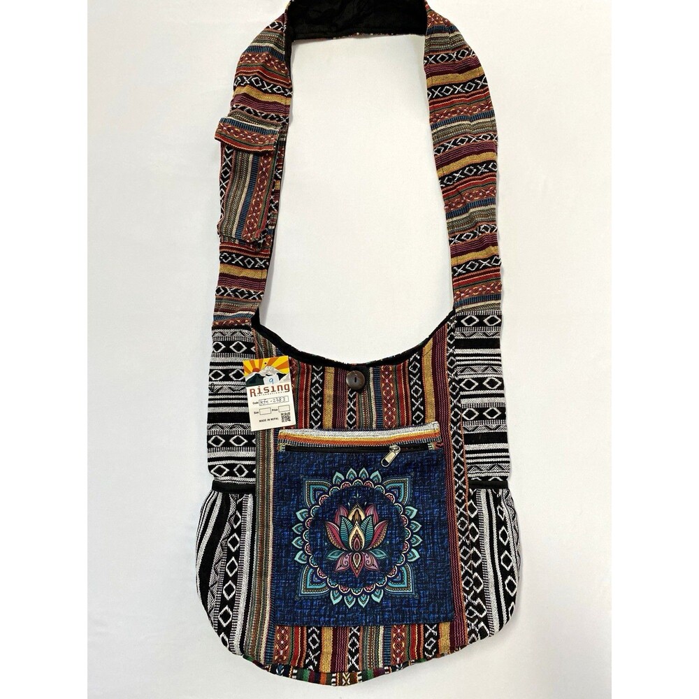 Rising International Boho Geometric Woven Cotton Zip Crossbody Handbag Pockets